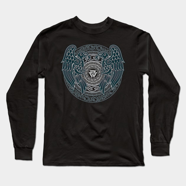 Norse Viking Ravens of Odin Pagan Raven Huginn and Muninn Valknut Long Sleeve T-Shirt by Blue Pagan